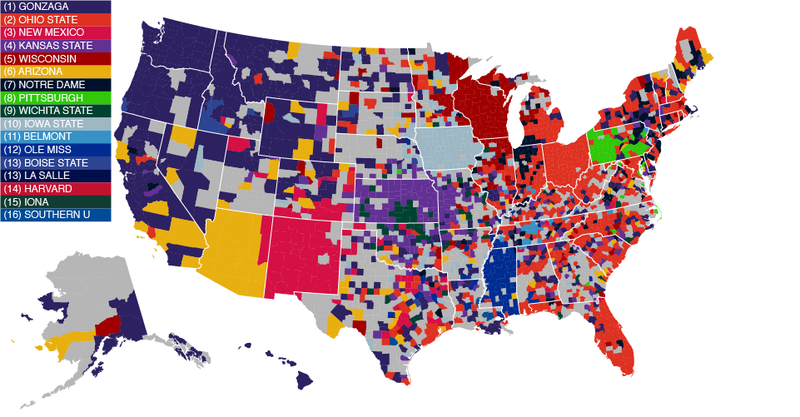 Illustration for article titled Facebook Data Give Us The Best Fandom Map of the NCAA Tournament